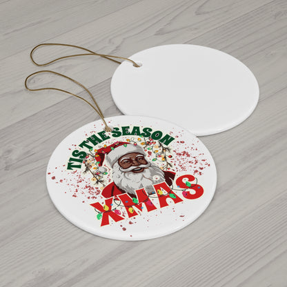 Black Santa Ornament, Tis The Season Xmas Ceramic Ornament, Holiday Decor, Circle Christmas Ornament, Snowflake Christmas Ornament