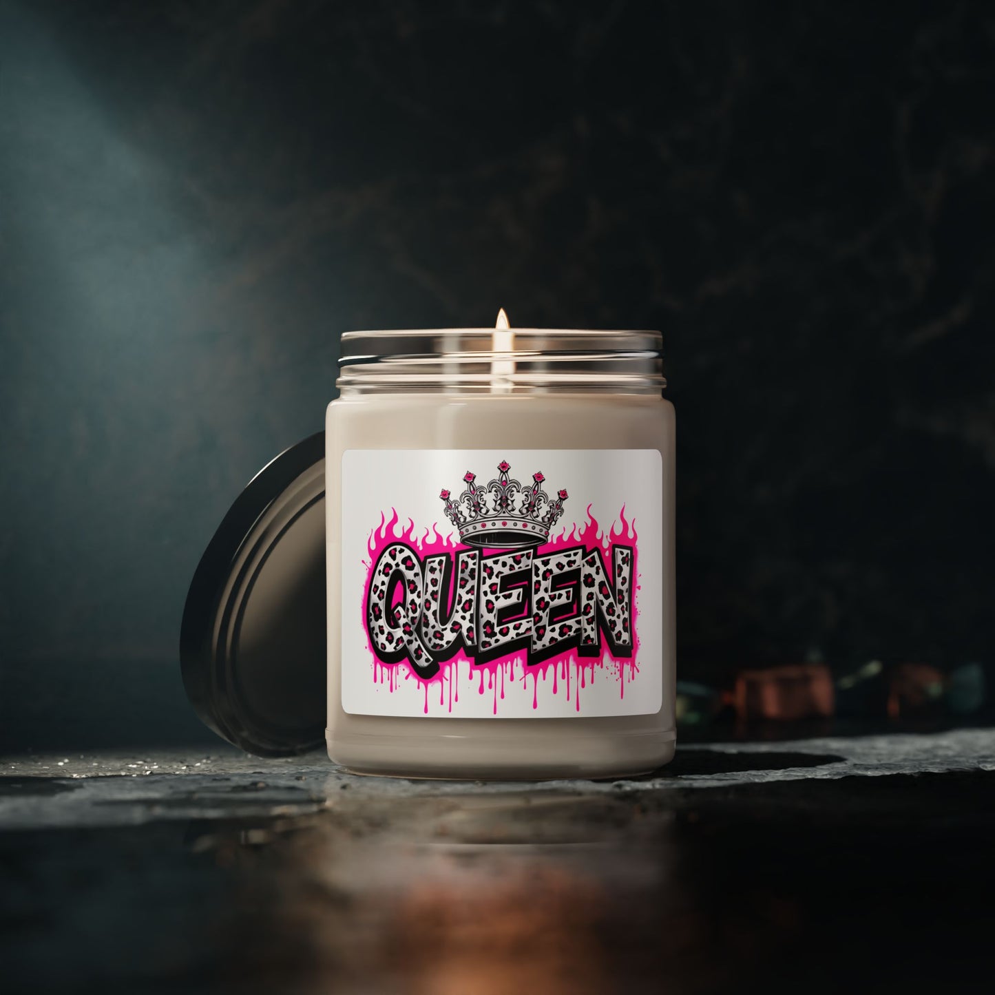 Queen Graphic Soy Candle — 9oz Scented Jar Candle with Leopard Crown Design