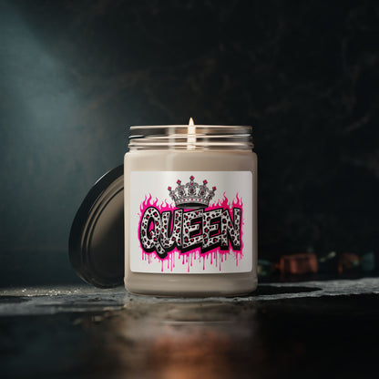 Queen Graphic Soy Candle — 9oz Scented Jar Candle with Leopard Crown Design