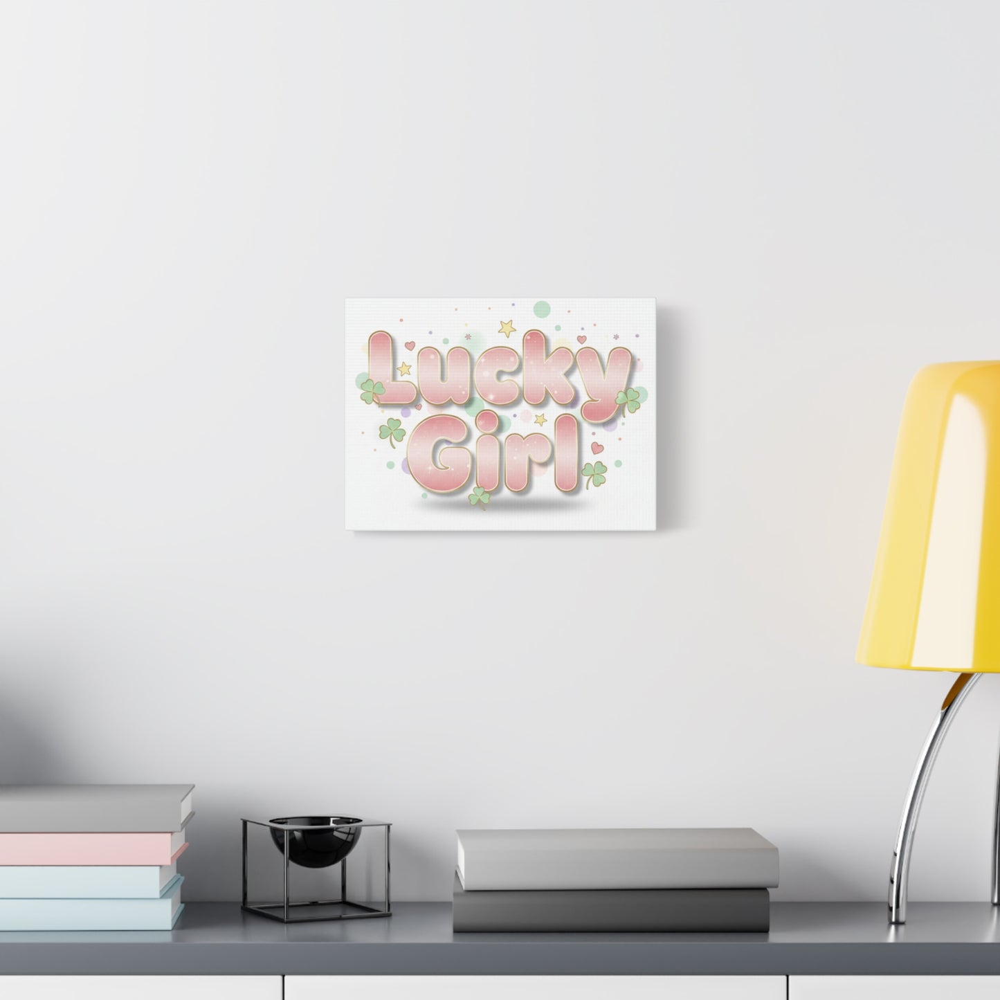 Lucky Girl mantra Canvas, Manifest Luck wall art | 2026 lucky charms, pastel metallic accents