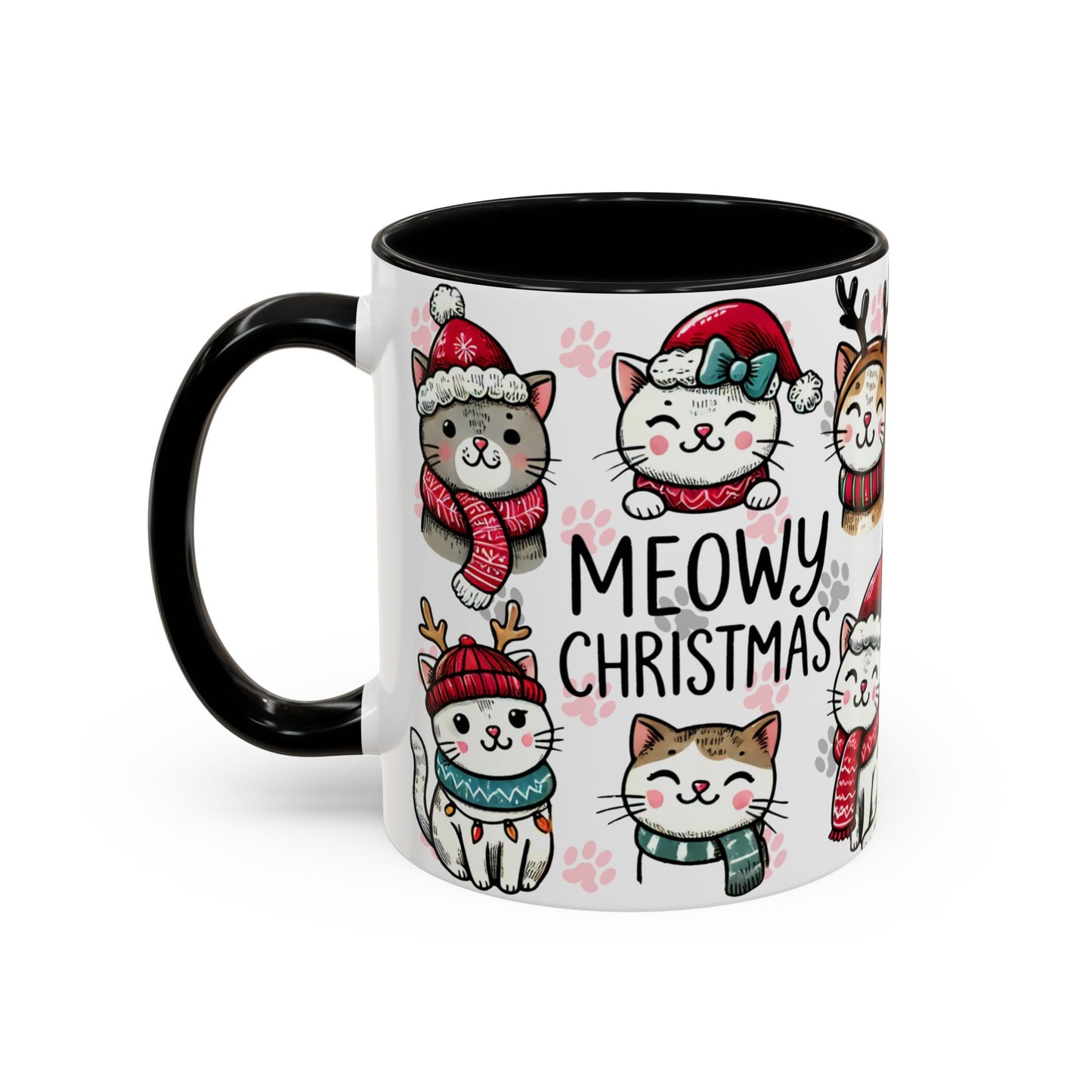 Meowy Christmas Cat Paw Accent Coffee Mug | Cats in Hats Scarves Antlers
