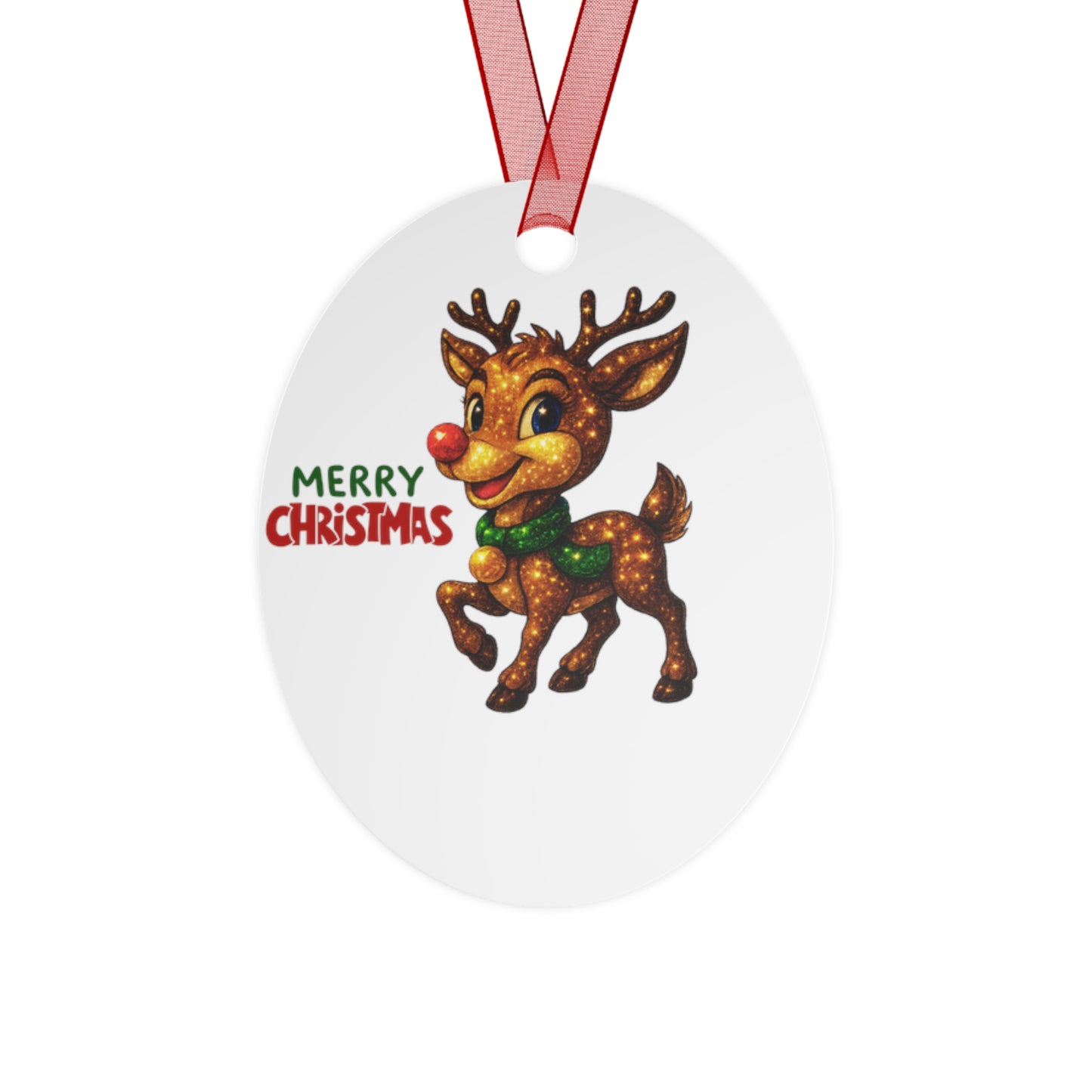 Reindeer with Rudolph Nose Metal Ornament | Merry Christmas, Personalized Name