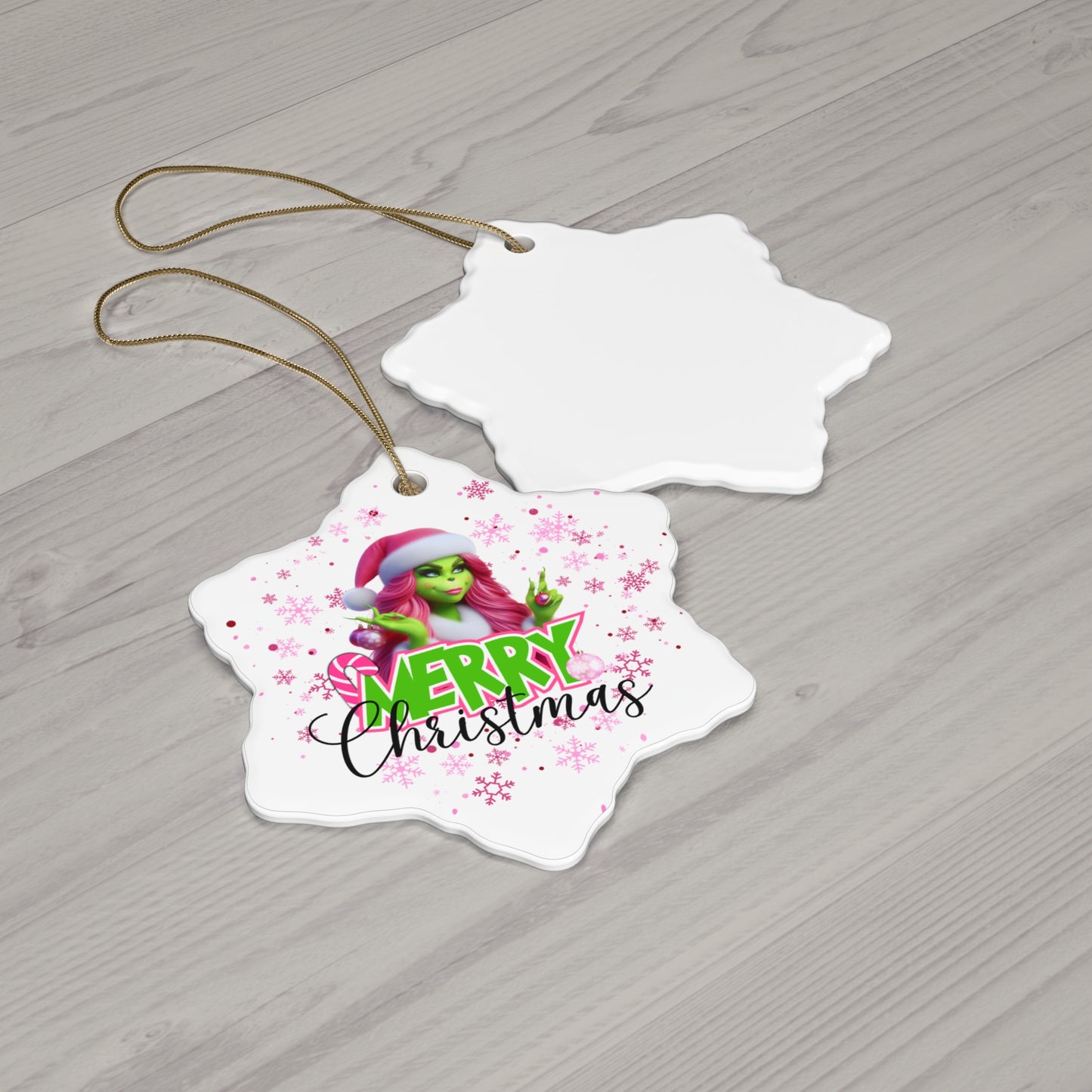Grinch Merry Christmas Ceramic Ornament, Pink Ms. Grinch Circle & Snowflake Christmas Ornament, Christmas Gift Idea, Holiday Decor