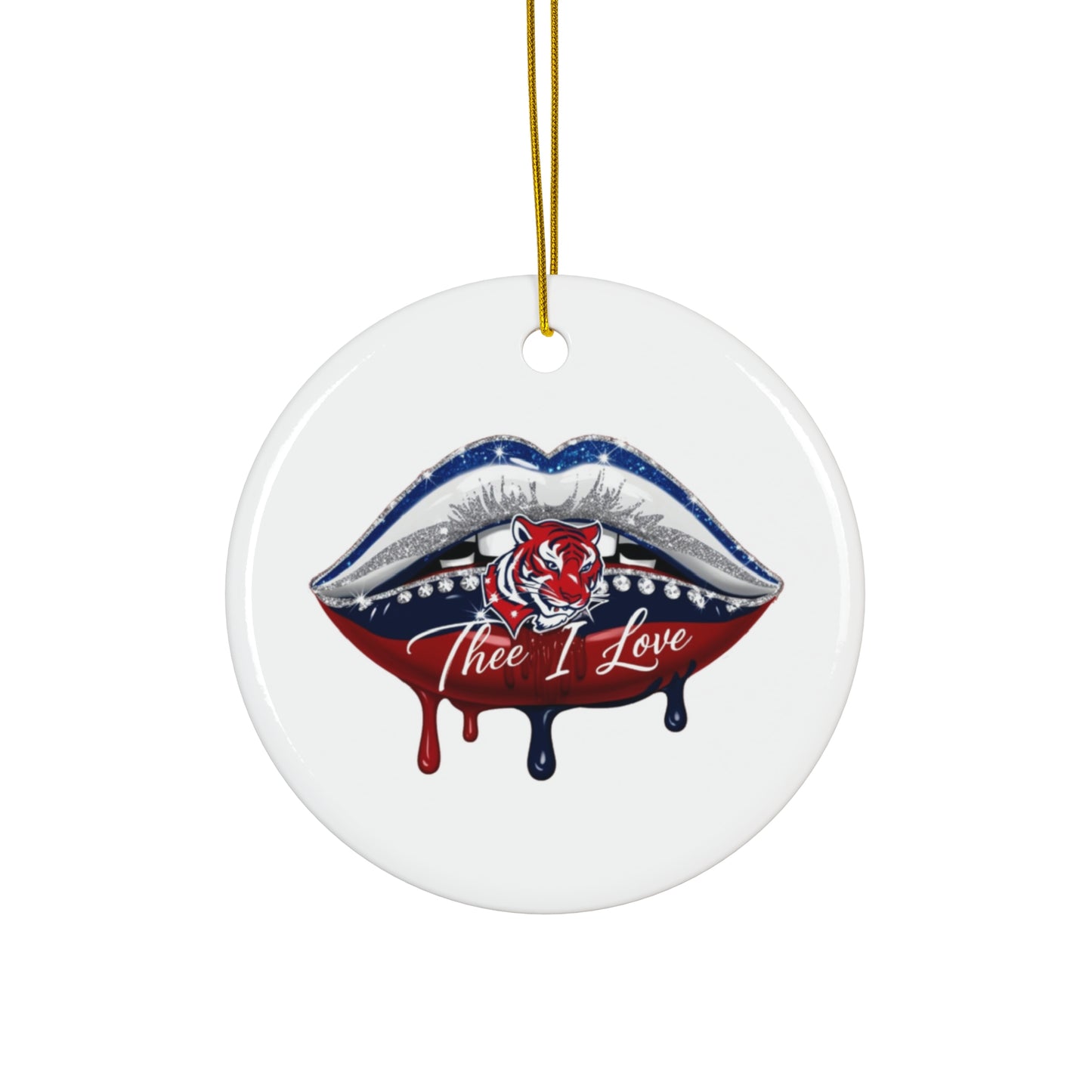 Ceramic Ornament, JSU Lips with Red Tiger Design, Thee I Love, Home Decor, Holiday Decoration, Christmas Ornament