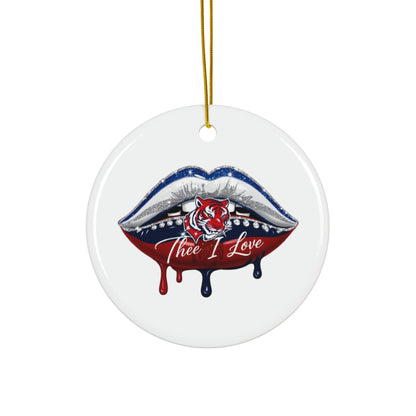 Ceramic Ornament, JSU Lips with Red Tiger Design, Thee I Love, Home Decor, Holiday Decoration, Christmas Ornament