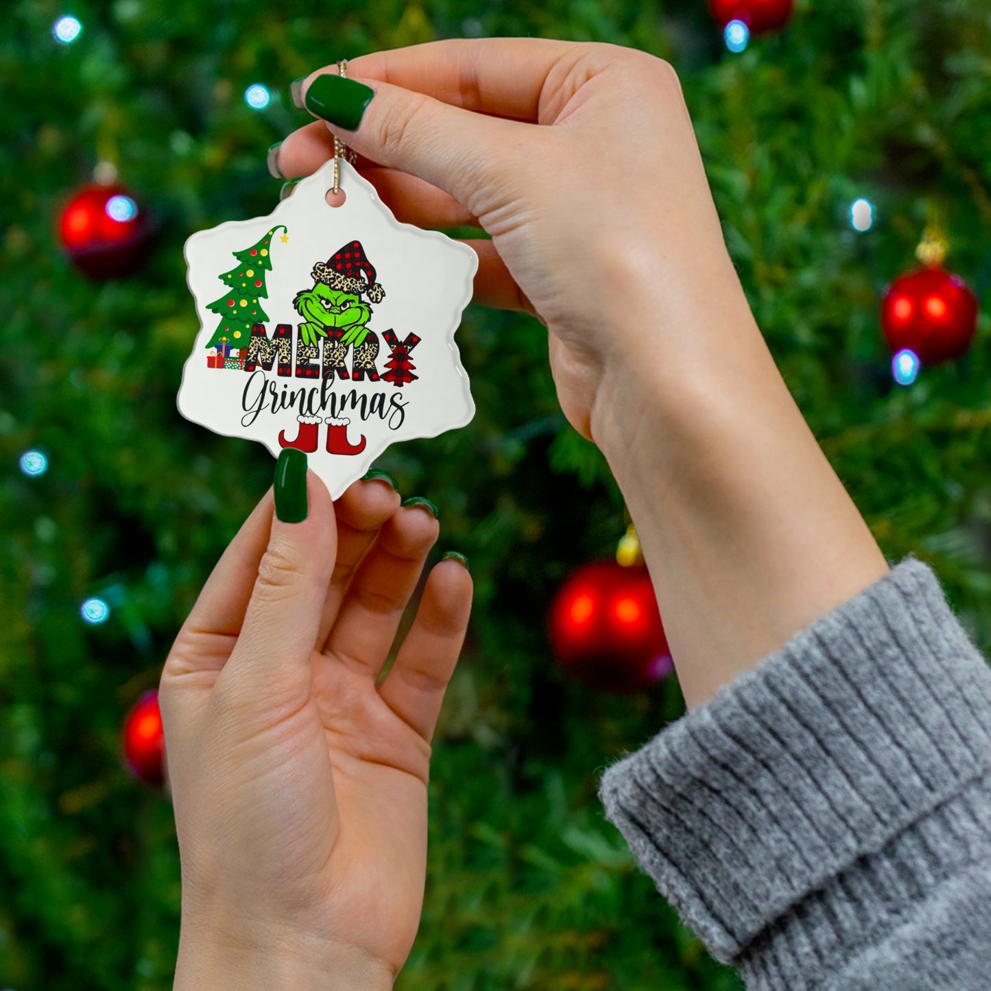 Merry Grinchmas Christmas Ornament, Holiday Ornament, Round Christmas Ornament, Snowflake Christmas Ornament, Holiday Grinchmas Ceramic Ornament