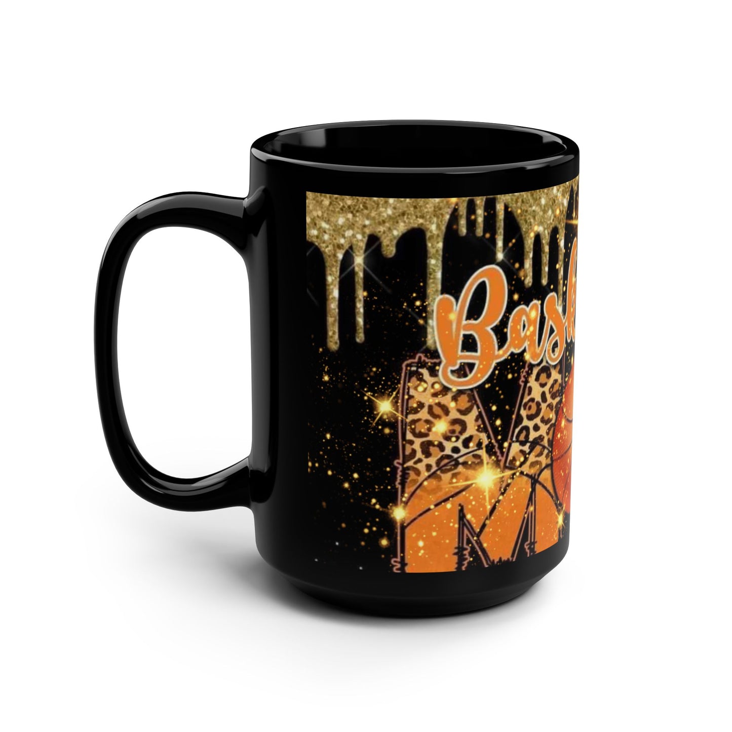 Basketball Mom Black Mug, 15oz with Dripping Gold Design and Sparkles - Gift for Sports Moms, Basketball Fans - Christmas Present, Birthday