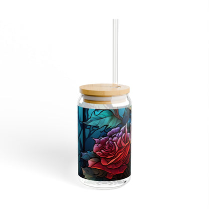 Floral Design Sipper Glass - 16oz Eco-Friendly Drinkware with Bamboo Lid