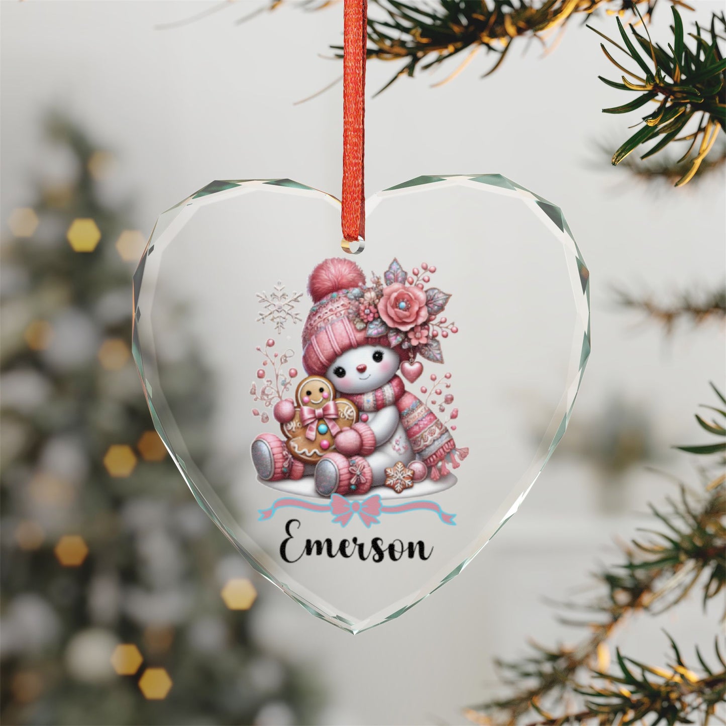 Snowman with Gingerbread Ornament Crystal Glass Ornament | Personalized Name Option