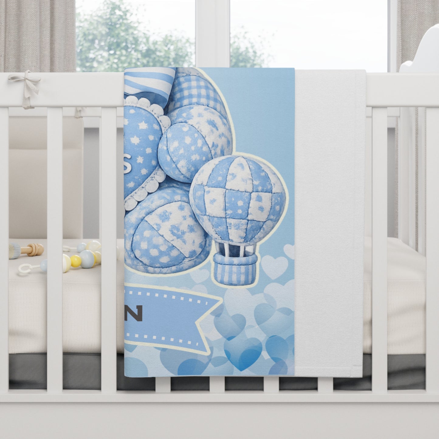 Blue Patchwork Teddy Bear Sweet Dreams baby blanket | soft fleece nursery decor