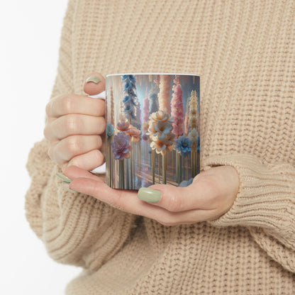 Floral Elegance Ceramic Mug - 11oz, Coffee Cup for Nature Lovers, Beautiful long stem pastel florals
