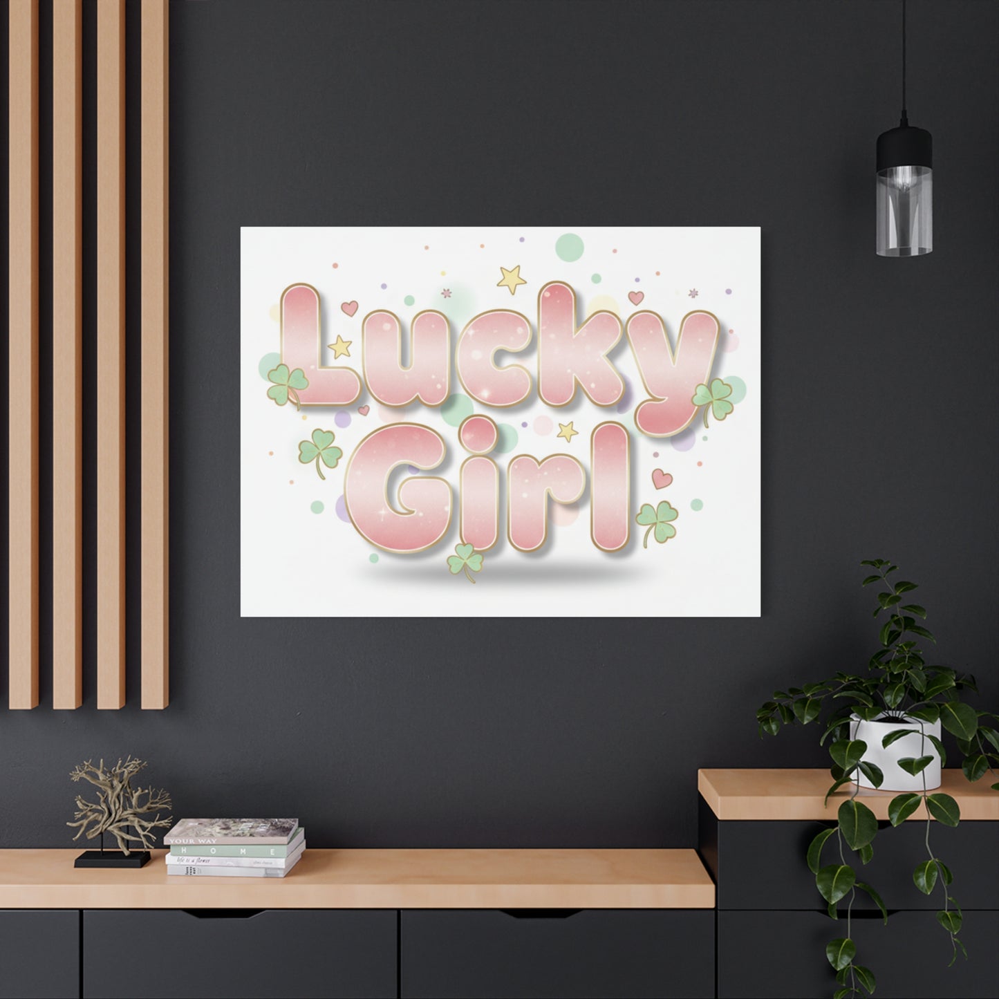 Lucky Girl mantra Canvas, Manifest Luck wall art | 2026 lucky charms, pastel metallic accents
