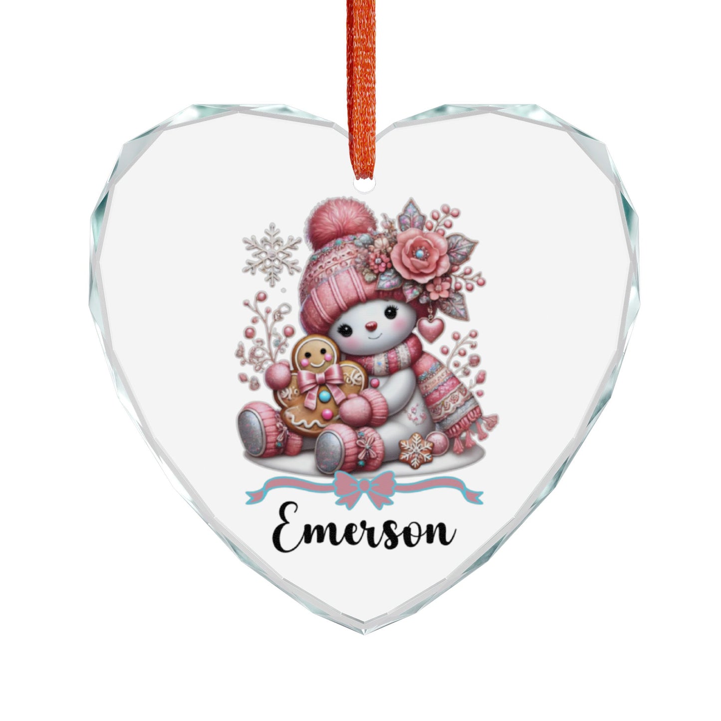 Snowman with Gingerbread Ornament Crystal Glass Ornament | Personalized Name Option