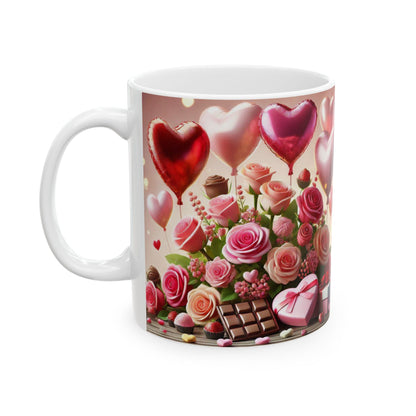 Valentine's Day Ceramic Mug, Pink and White Valentine's Coffee Cup, Romantic Valentine's Gift, 11oz, 15oz - Balloons, Roses, Chocolates
