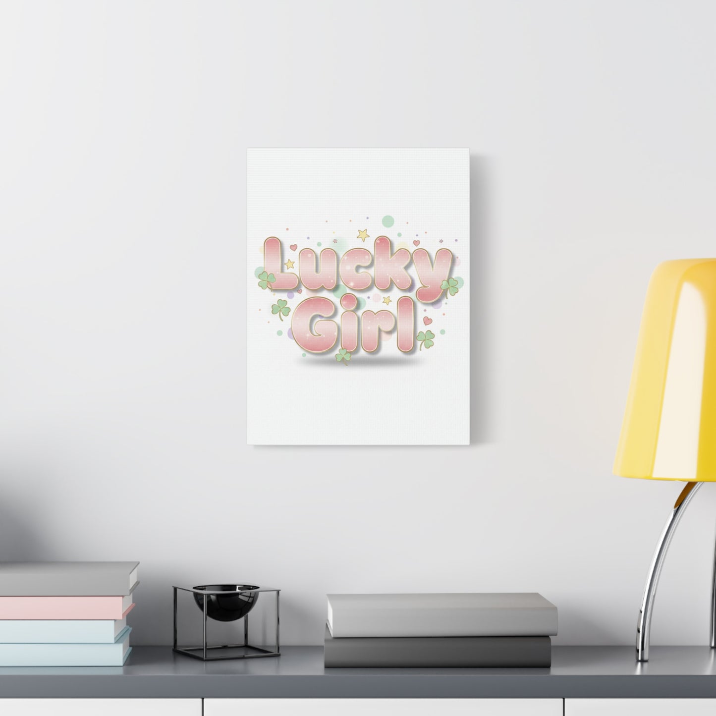 Lucky Girl mantra Canvas, Manifest Luck wall art | 2026 lucky charms, pastel metallic accents