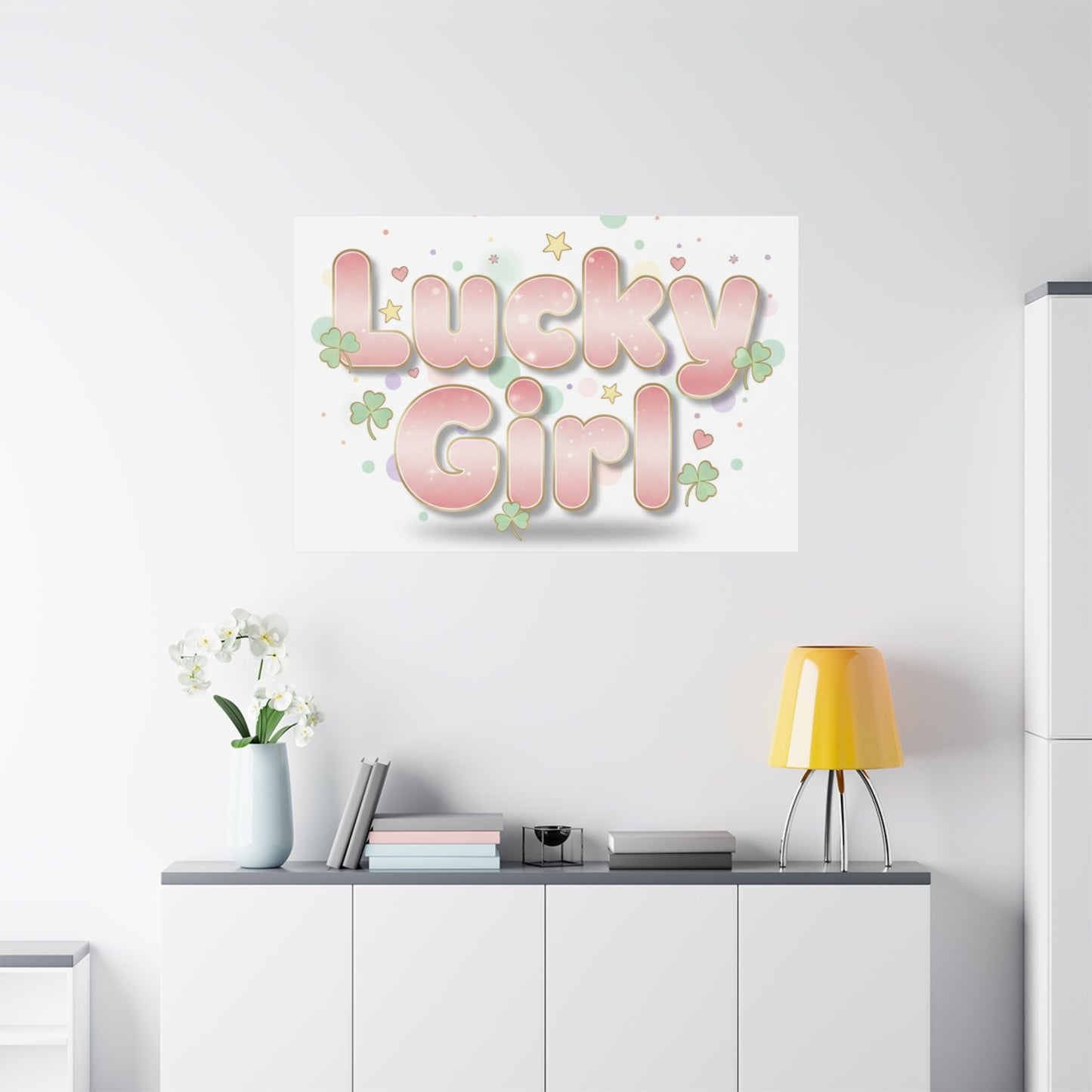 Lucky Girl mantra Canvas, Manifest Luck wall art | 2026 lucky charms, pastel metallic accents