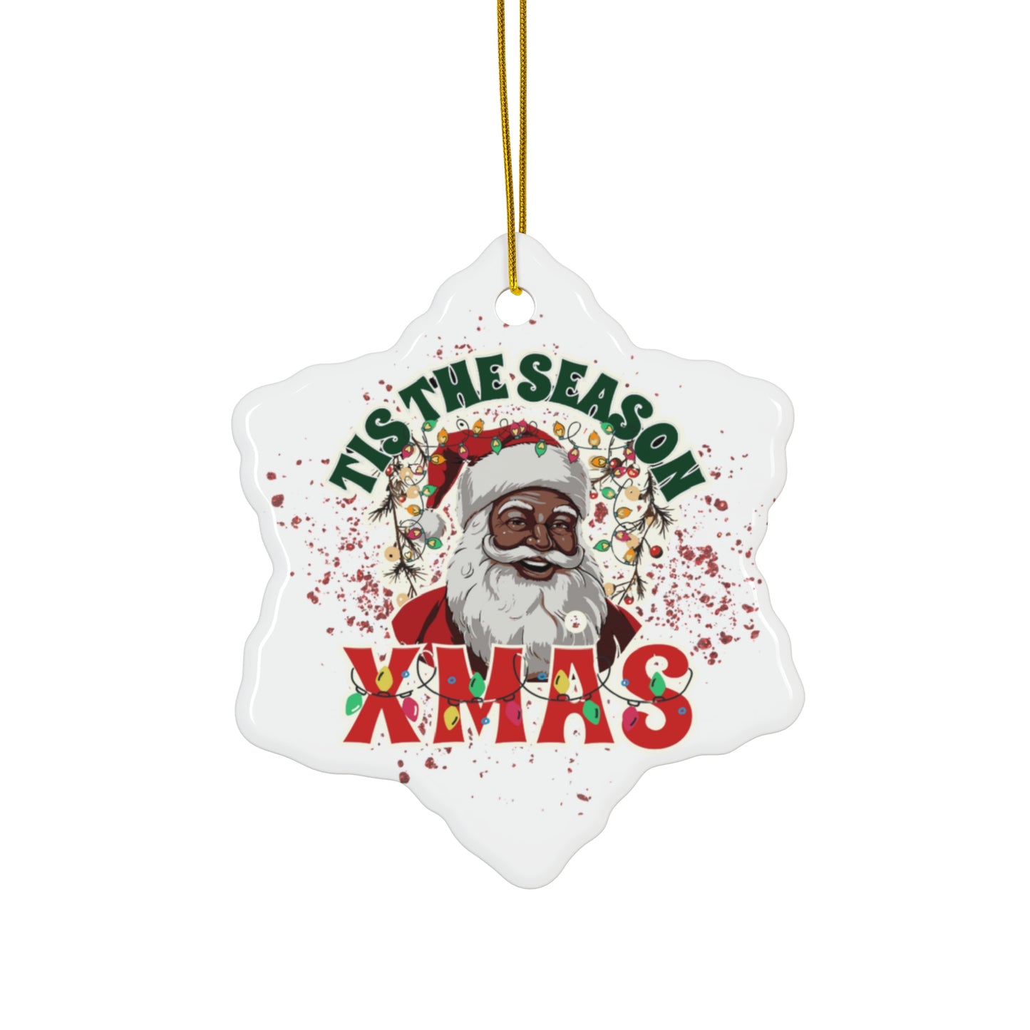 Black Santa Ornament, Tis The Season Xmas Ceramic Ornament, Holiday Decor, Circle Christmas Ornament, Snowflake Christmas Ornament