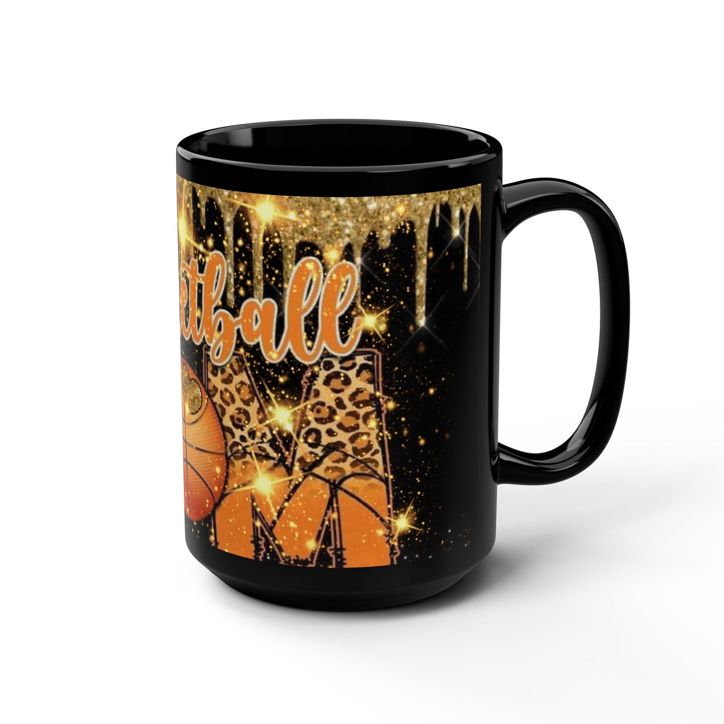 Basketball Mom Black Mug, 15oz with Dripping Gold Design and Sparkles - Gift for Sports Moms, Basketball Fans - Christmas Present, Birthday