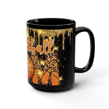 Basketball Mom Black Mug, 15oz with Dripping Gold Design and Sparkles - Gift for Sports Moms, Basketball Fans - Christmas Present, Birthday