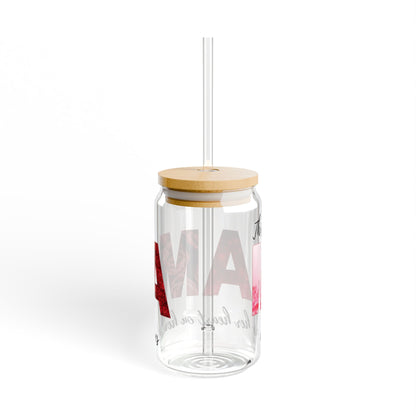 This Mama Wears Her Heart On Her Sleeves, Sipper Glass, 16oz, Perfect Gift for Mom, Floral Design, Drink Container, Ideal for Mothers Day,