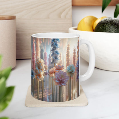 Floral Elegance Ceramic Mug - 11oz, Coffee Cup for Nature Lovers, Beautiful long stem pastel florals