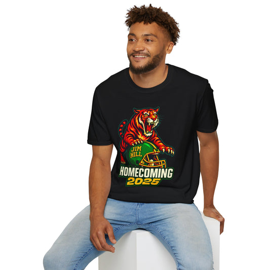 Jim Hill Tigers Homecoming 2025 T-Shirt | Fierce Tiger Mascot Football Graphic Tee | Green & Yellow School Spirit Shirt
