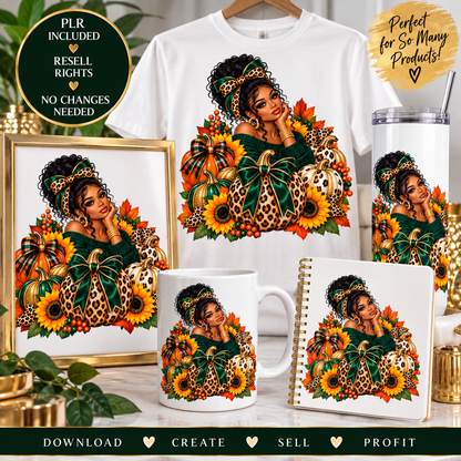 Freebie Fall Black Woman Pumpkin PNG | PLR Design Sublimation PNG | Resell Rights Included
