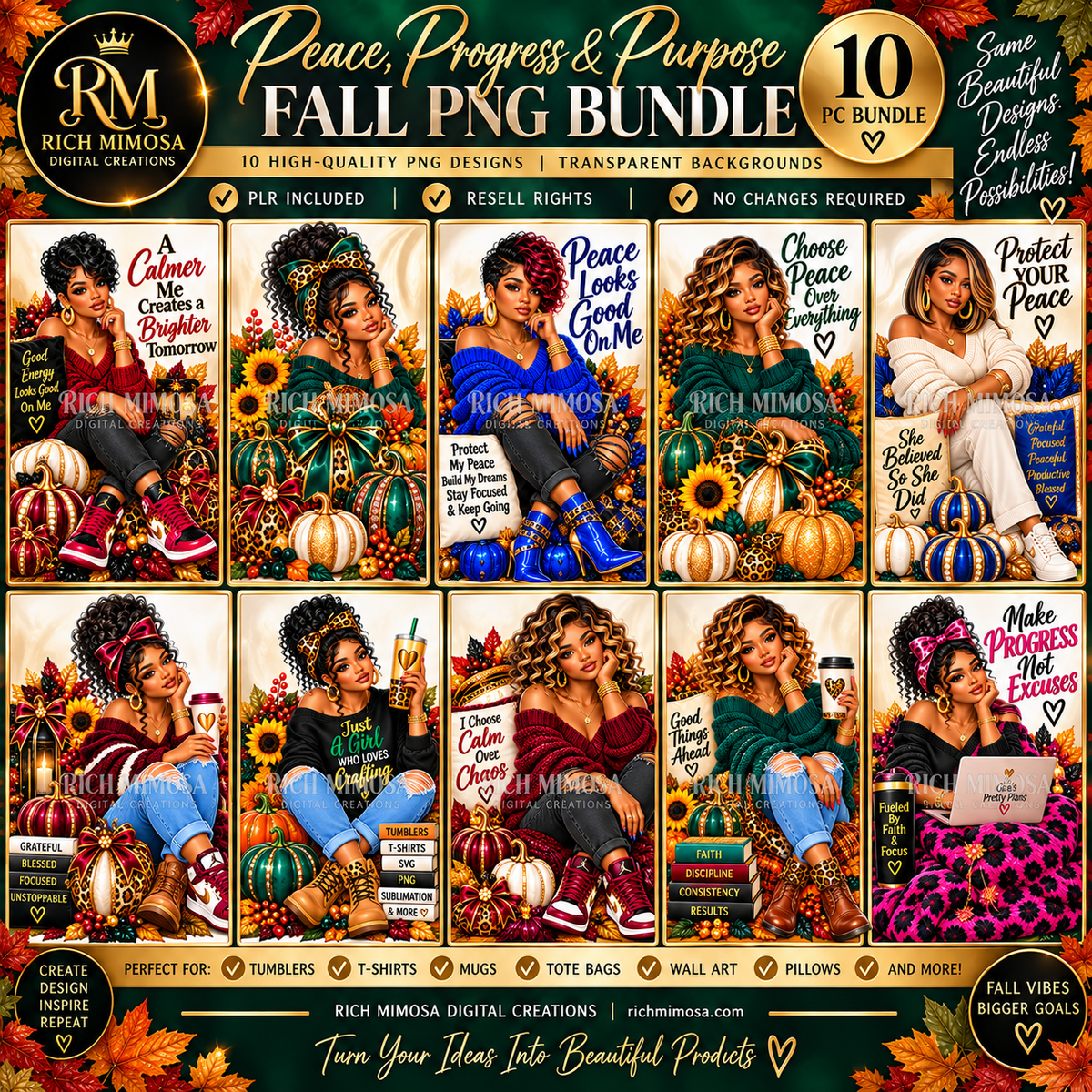 Black Woman Fall PNG Bundle | 10 Piece PLR Designs | PLR Design Sublimation PNG | Resell Rights Included