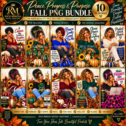 Black Woman Fall PNG Bundle | 10 Piece PLR Designs | PLR Design Sublimation PNG | Resell Rights Included