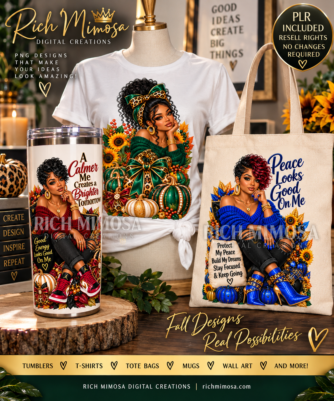 Black Woman Fall PNG Bundle | 10 Piece PLR Designs | PLR Design Sublimation PNG | Resell Rights Included