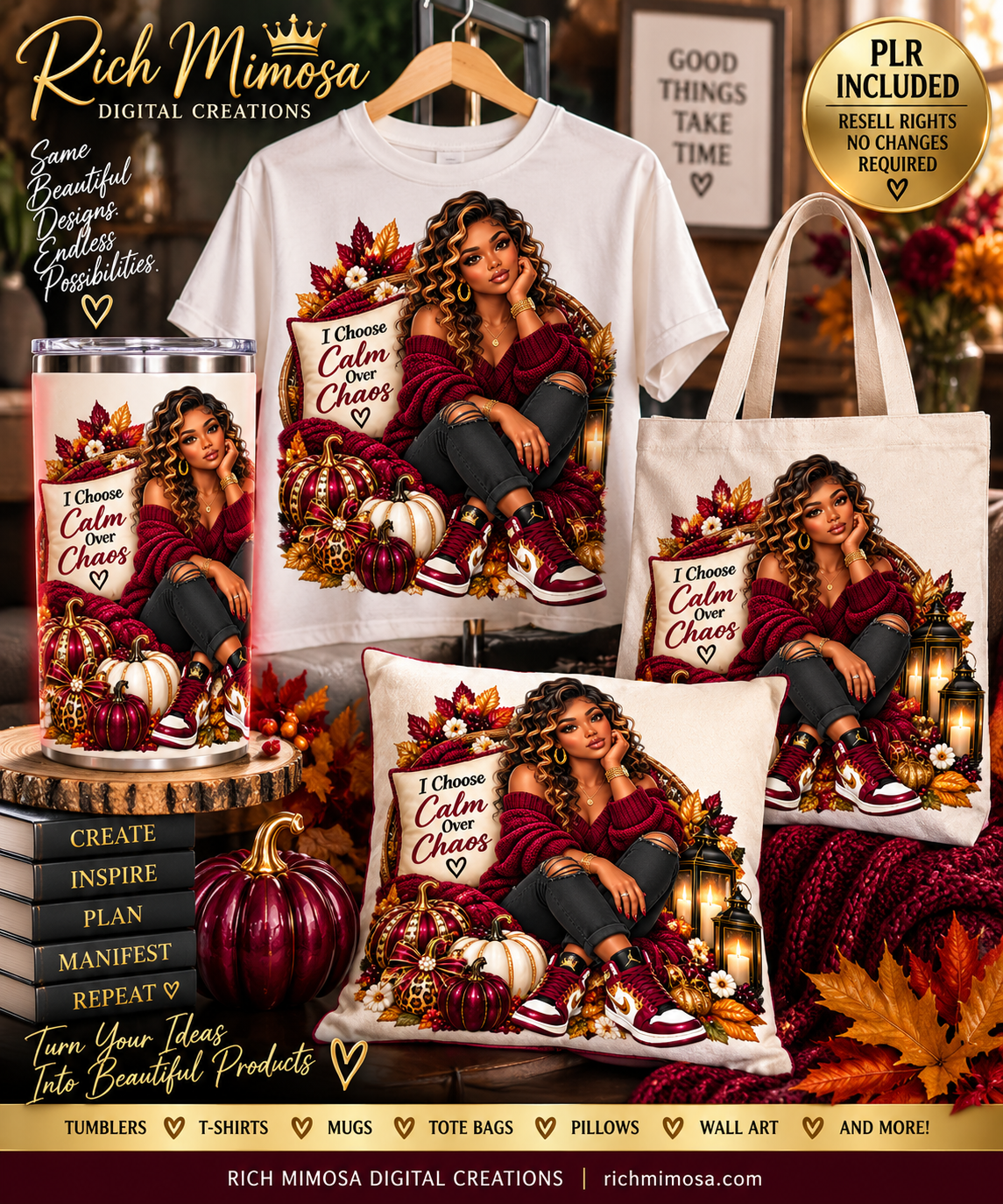 Black Woman Fall PNG Bundle | 10 Piece PLR Designs | PLR Design Sublimation PNG | Resell Rights Included