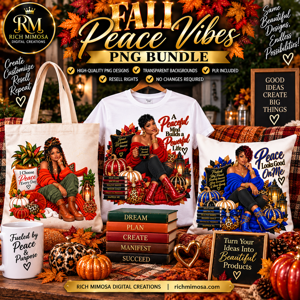 Black Woman Fall PNG Bundle | 5 Piece PLR Designs | PLR Design Sublimation PNG | Resell Rights Included