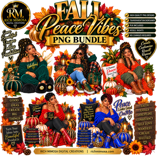 Black Woman Fall PNG Bundle | 5 Piece PLR Designs | PLR Design Sublimation PNG | Resell Rights Included