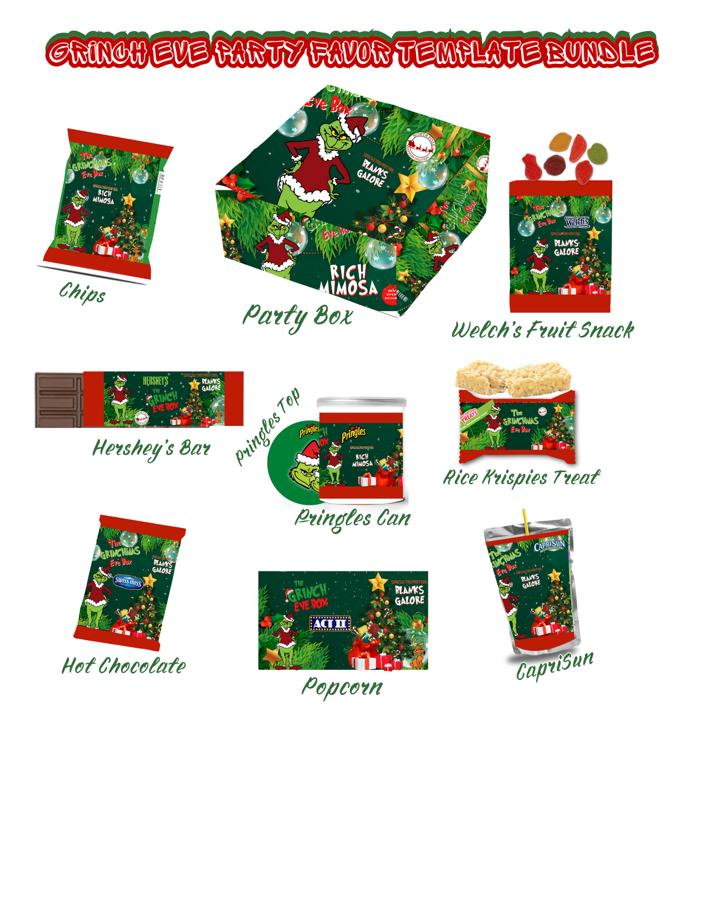 Christmas Party Favor Template Bundle, Grinch Eve Party Favors, Christmas Eve, Grinchmas Canva Designs & Templates (10 Editable Templates)