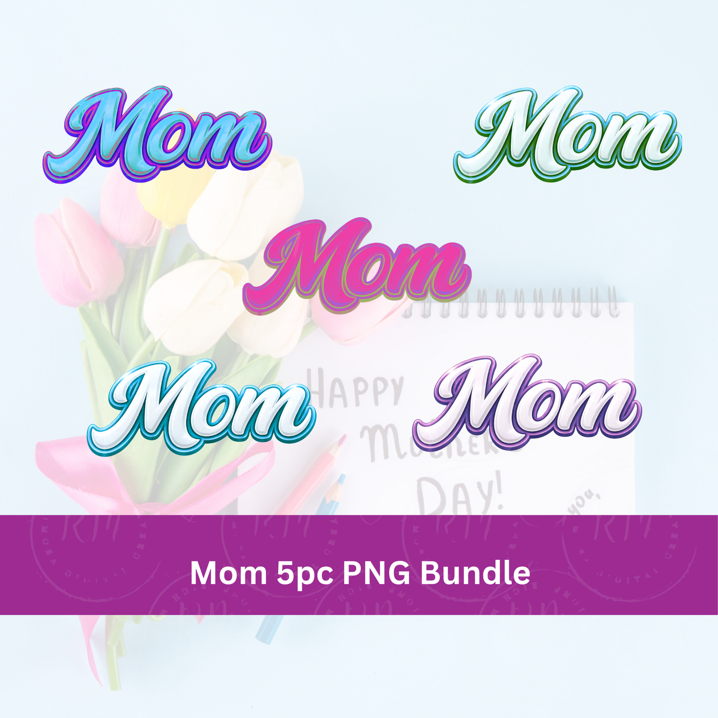 Mom 5 Piece PNG Bundle, Mother’s Day Design, Sublimation PNG, DTF Transfer File, Mama Shirt Design, Digital Download