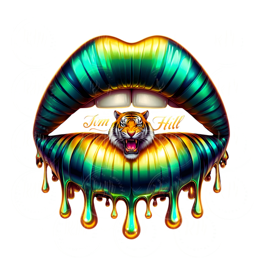 Jim Hill High School Tiger Lips PNG | Jackson MS Mascot Clipart | Green Gold Dripping Lips Sublimation Design for Shirts, Mugs, Totes