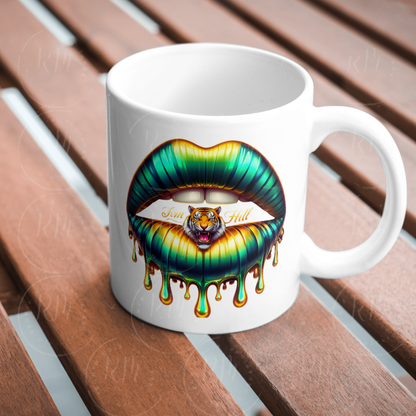 Jim Hill High School Tiger Lips PNG | Jackson MS Mascot Clipart | Green Gold Dripping Lips Sublimation Design for Shirts, Mugs, Totes