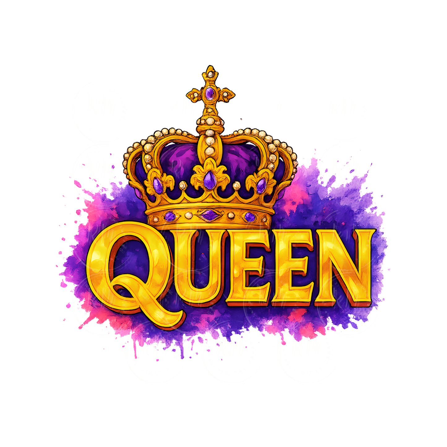 Gold Queen Crown Clipart, Purple Jeweled Design, Watercolor Splatter Graphic (Digital Download)