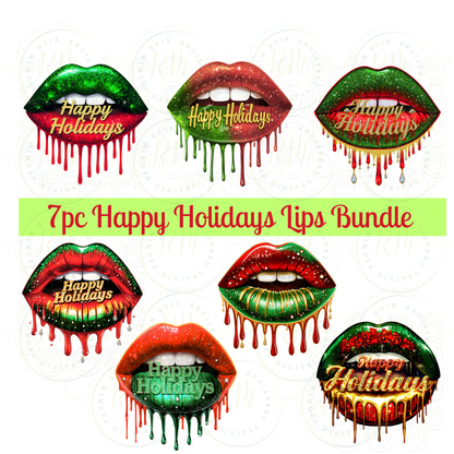 Happy Holidays7 Piece Lips Clipart Bundle | Christmas Drip Lip PNG | Red Green Gold Glitter Lips | Sublimation & Craft Graphics