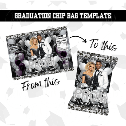 2026 Prom Chip Bag Template Silver Black: Editable Prom Send Off Party Favor (Digital Download)