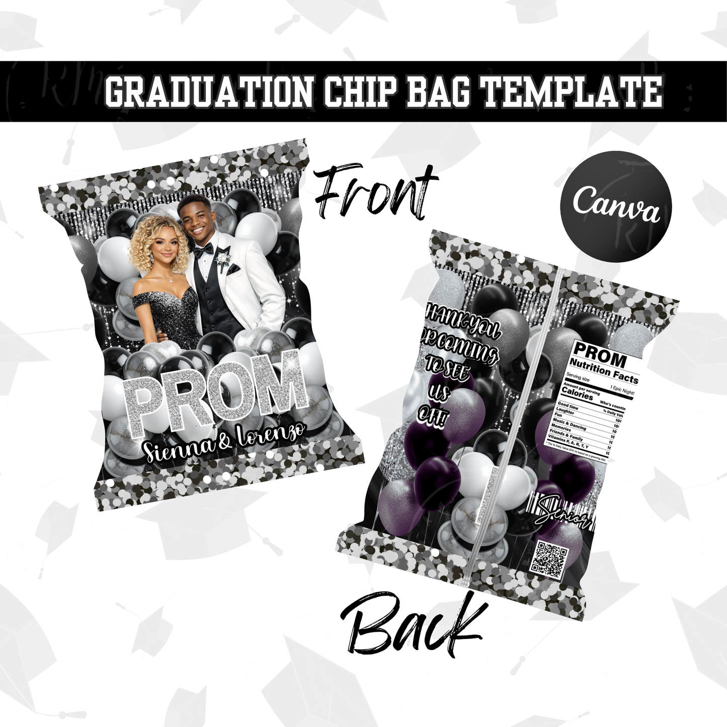2026 Prom Chip Bag Template Silver Black: Editable Prom Send Off Party Favor (Digital Download)