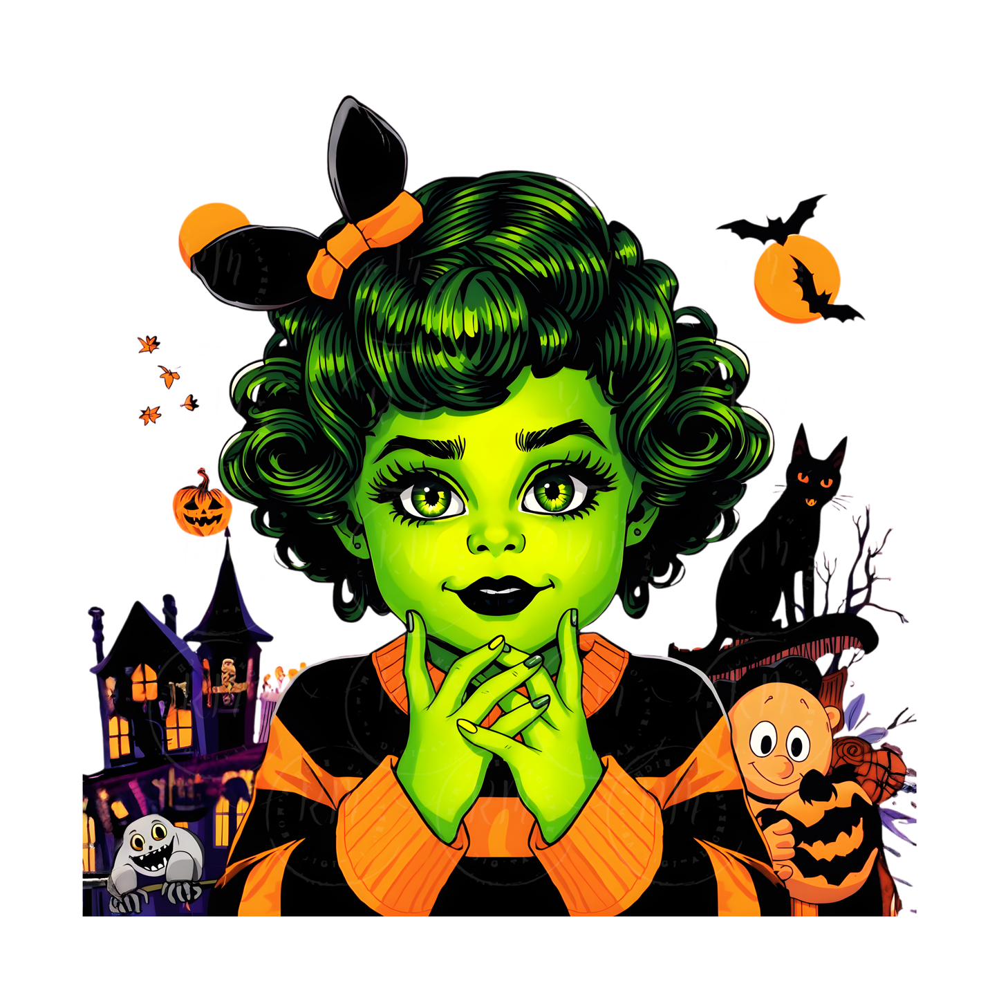 4 Green Halloween Girls Clipart | Whimsical Halloween Green Witch Girl Art | Cute Grinch-Inspired Halloween Decor | Black Cat, Pumpkins, Haunted House