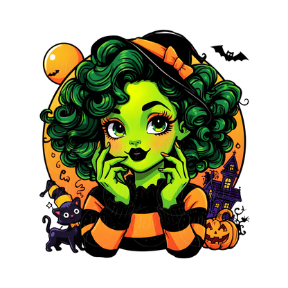 4 Green Halloween Girls Clipart | Whimsical Halloween Green Witch Girl Art | Cute Grinch-Inspired Halloween Decor | Black Cat, Pumpkins, Haunted House