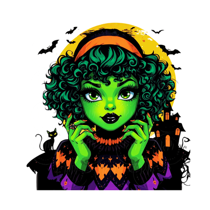 4 Green Halloween Girls Clipart | Whimsical Halloween Green Witch Girl Art | Cute Grinch-Inspired Halloween Decor | Black Cat, Pumpkins, Haunted House