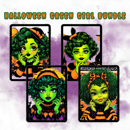 4 Green Halloween Girls Clipart | Whimsical Halloween Green Witch Girl Art | Cute Grinch-Inspired Halloween Decor | Black Cat, Pumpkins, Haunted House