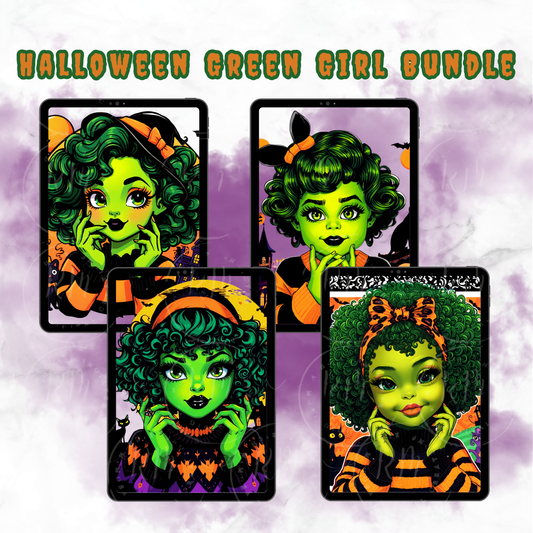 4 Green Halloween Girls Clipart | Whimsical Halloween Green Witch Girl Art | Cute Grinch-Inspired Halloween Decor | Black Cat, Pumpkins, Haunted House
