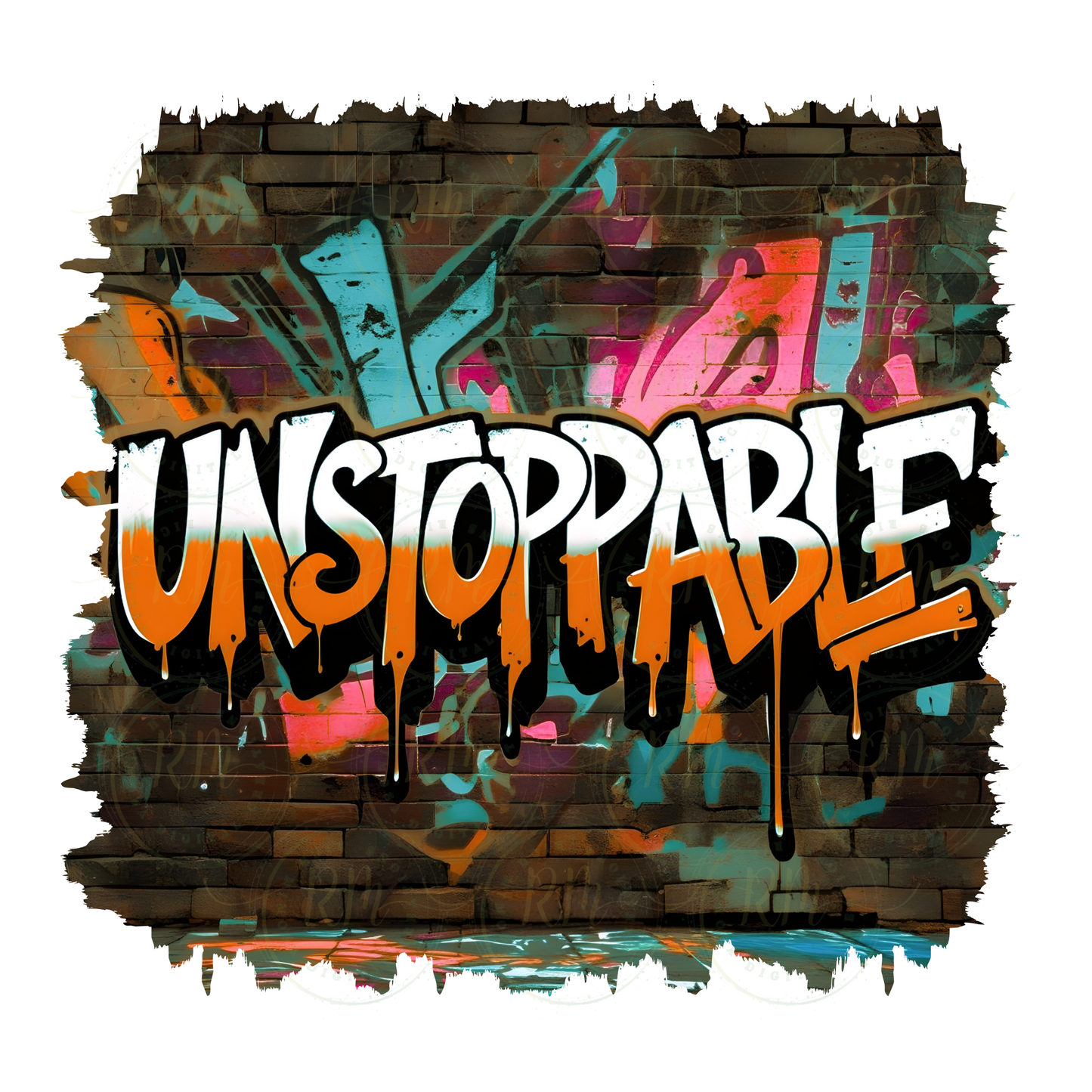 UNSTOPPABLE Graffiti Wall Art PNG – Orange and Aqua Multicolor Drip Typography, Urban Street Art Printable, Sublimation Design