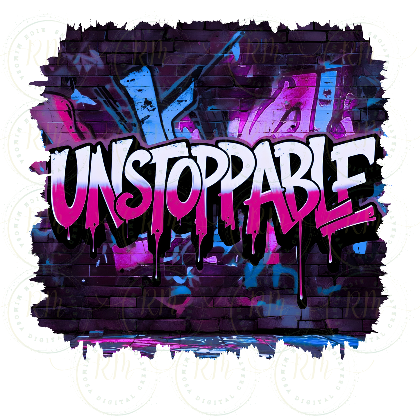 UNSTOPPABLE Graffiti Wall Art PNG – Purple and Light Blue Multicolor Drip Typography, Urban Street Art Printable, Sublimation Design