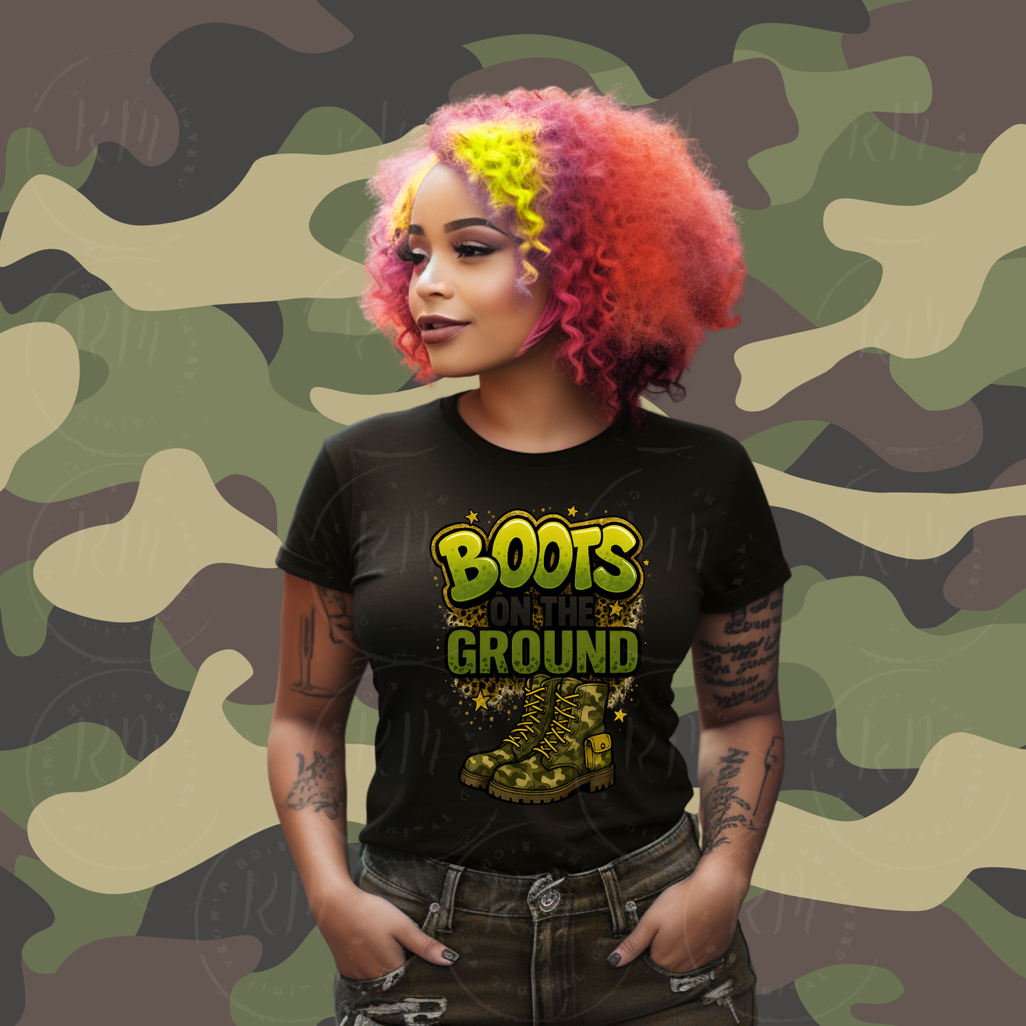 Boots On The Ground Viral Remix Combat Boots Graphic, Fun Camo Trend Design, Country Pop Culture Clipart, Camo Design For Tshirts, Mugs, etc