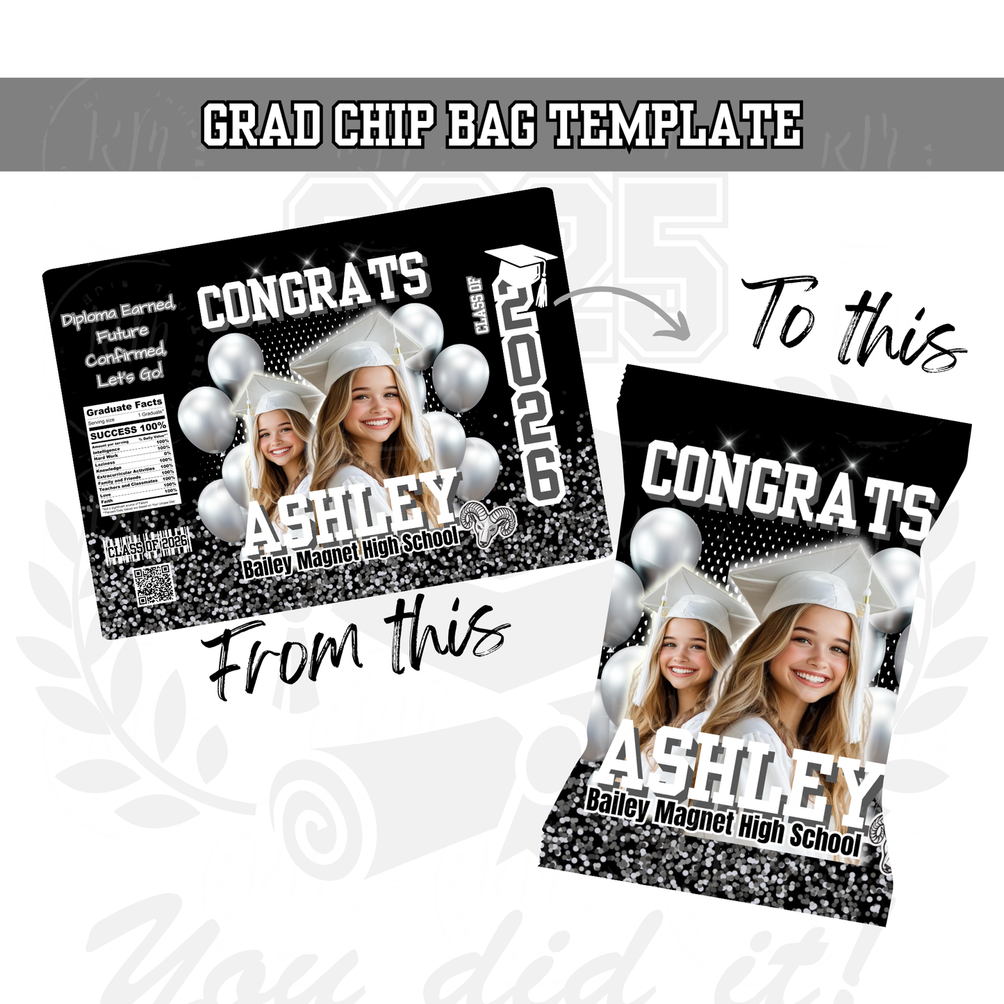 2026 Graduation Chip Bag Template, Editable Black, Gray and White Grad Party Favor, 2026 Grad Chip Bag, Unique Grad Gifts for Grad Party